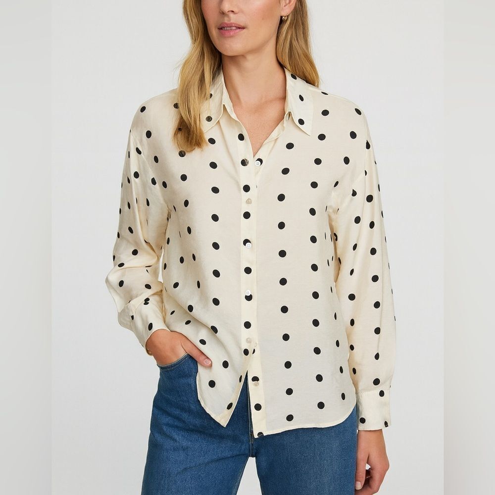 ZARA Cream Black Polka Dot Button Front Blouse Top Viscose Blend Size M